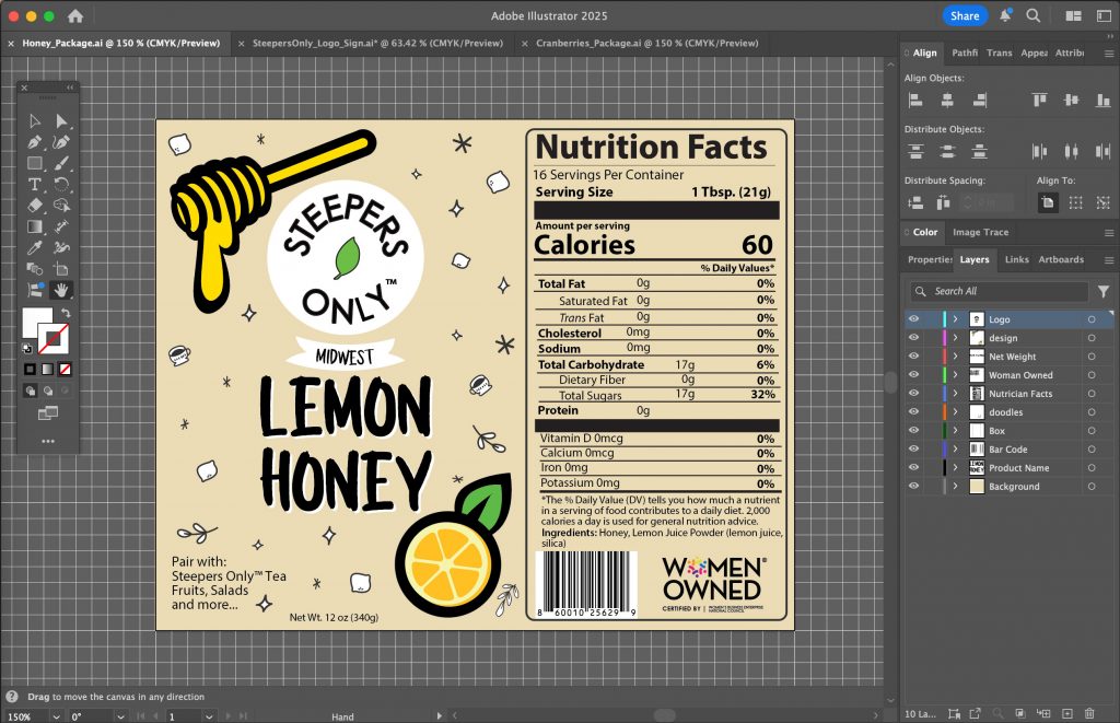 Steepers Only Lemon Honey Package Label Design in Adobe Illustrator