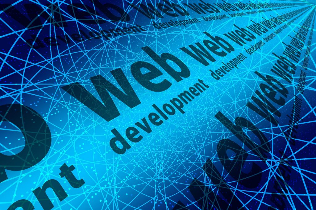 The stylized “web development” term repeating on the blue-webbed background.